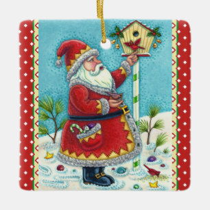 KRIS KRINGLE FÜTTERND REDBIRDS, CHRISTMAS BIRDHOUS KERAMIKORNAMENT