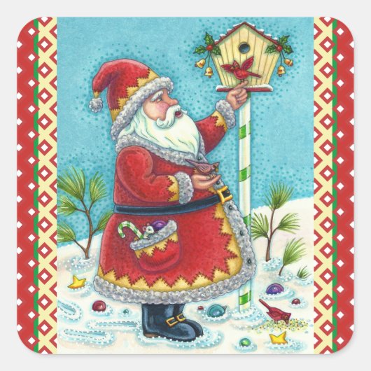 KRIS KRINGLE FÜTTERND REDBIRDS, CHRISTMAS BIRDHOUS QUADRATISCHER AUFKLEBER (Vorderseite)
