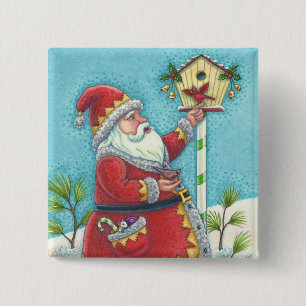 KRIS KRINGLE REDBIRDS, CHRISTMAS BIRDHOUSE BUTTON