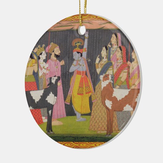 Krishna anhebender Berg Govardhana, vom 'Bhagav Keramikornament (Links)