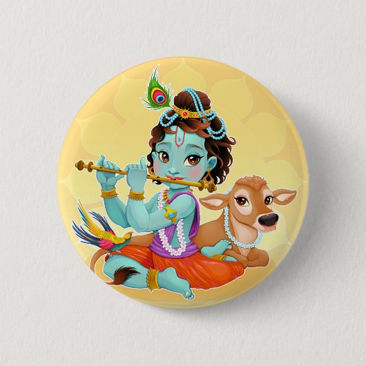 Krishna indischer Gott, der Flötenillustration Button (Vorderseite)