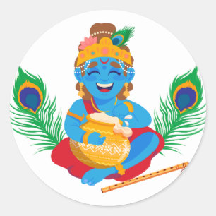 Krishna mit Buttertopf Pfauenfeder Runder Aufkleber