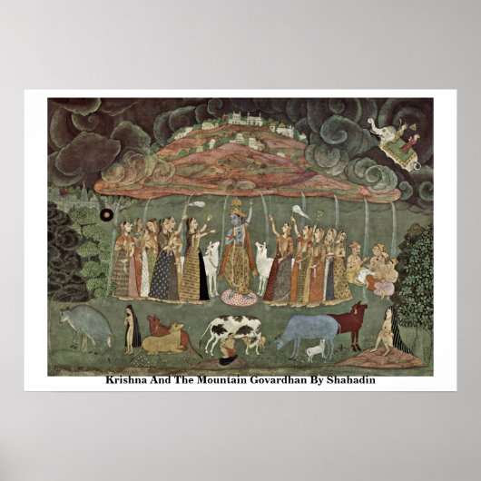 Krishna und der Berg Govardhan von Shahadin Poster (Vorne)