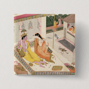 Krishna und Radha auf einem Bett in einem Button