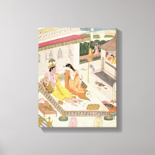 Krishna und Radha auf einem Bett in einem Palast i Leinwanddruck (Vorderseite)