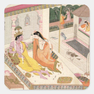 Krishna und Radha auf einem Bett in einem Palast i Quadratischer Aufkleber