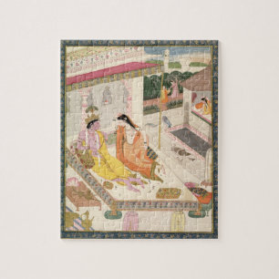 Krishna und Radha auf einem Bett in einem Puzzle