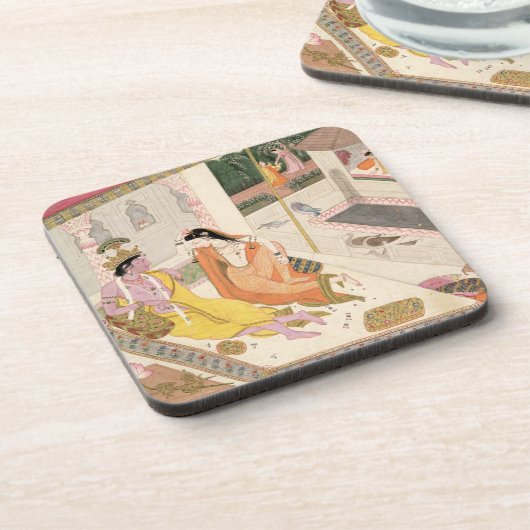 Krishna und Radha auf einem Bett in einem Untersetzer (Linke Seite)