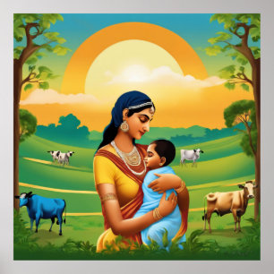 Krishna und Yashoda Indian Mythological Art Print Poster