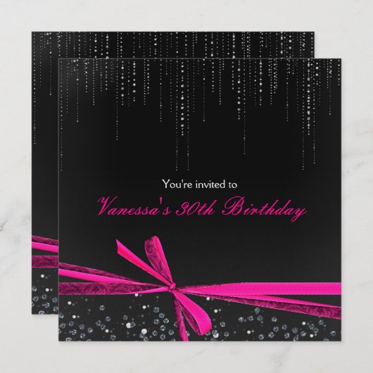 Kristall-Party Einladungen mit schwarzrosa Ribbon- (Vorne/Hinten)