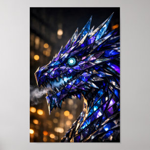 Kristallblauer Drache mit leuchtendem Auge und Rau Poster
