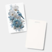 Kristallblauer Vogel & Glas-Blumen-Abzeichen.		 Ausweis (Vorder- & Rückseite)