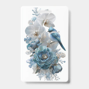 Kristallblauer Vogel & Glas-Blumen-Abzeichen.		 Ausweis