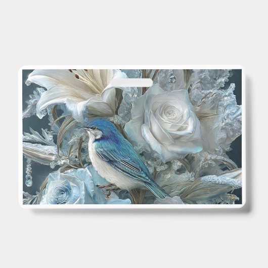 Kristallblauer Vogel & Glas-Blumen-Abzeichen. Ausweis (Vorderseite)