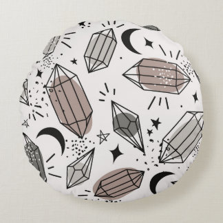 Kristalle, Mond, Sterne, überlappendes Design. Rundes Kissen