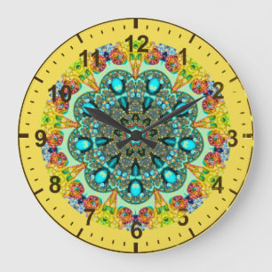 ~ Kristallklares und türkisfarbenes Fraktal ~ Große Wanduhr
