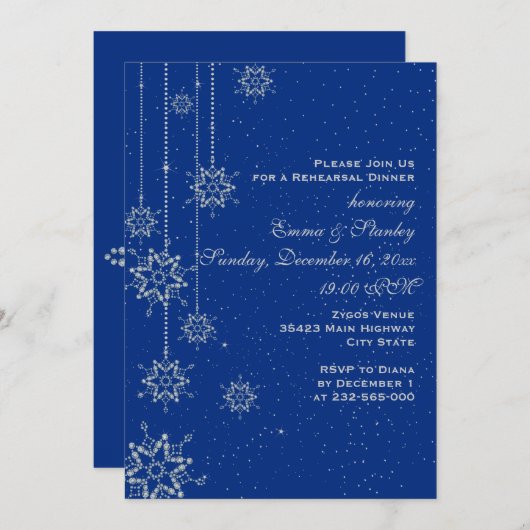 Kristallschneeflocken Blau Hochzeitsdinner Probe Einladung (Vorne/Hinten)