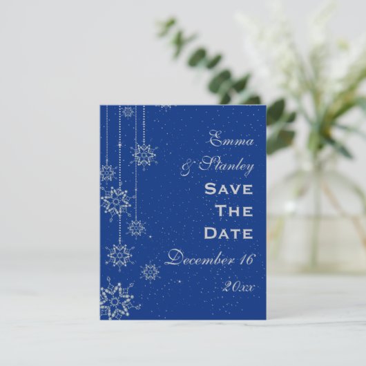 Kristallschneeflocken blaue Hochzeit Sichern das D Save The Date (Stehend Vorderseite)