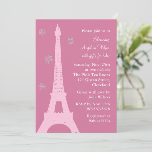 Kristallschneeflocken in Paris (rosa) Einladung (Stehend Vorderseite)