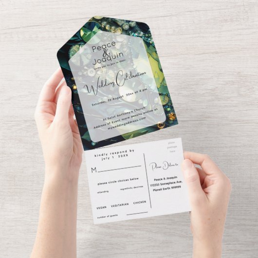 Kristallsteine, Moos, Sage, Grün All In One Einladung (Abreißen)