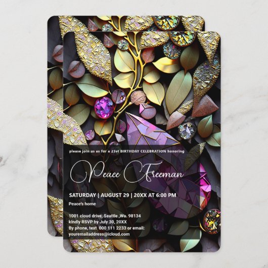 Kristallsteine, rosa, Fuchsien, Gold Einladung (Vorne/Hinten)