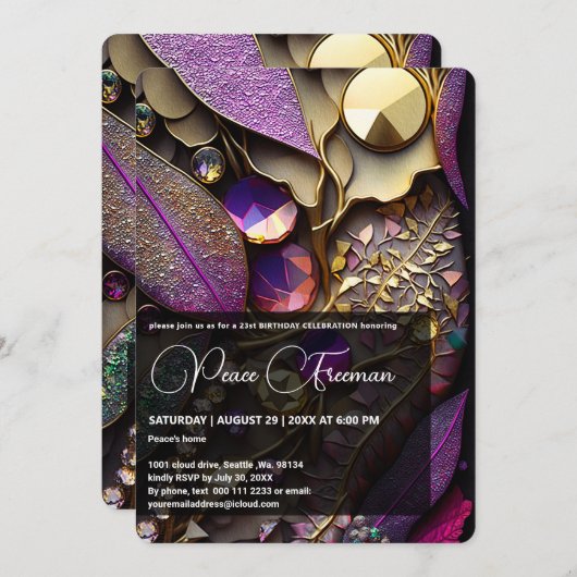 Kristallsteine, rosa, Fuchsien, Gold Einladung (Vorne/Hinten)