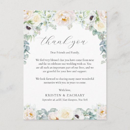 Kristen White Floral Wedding Empfang Vielen Dank Postkarte (Vorderseite)