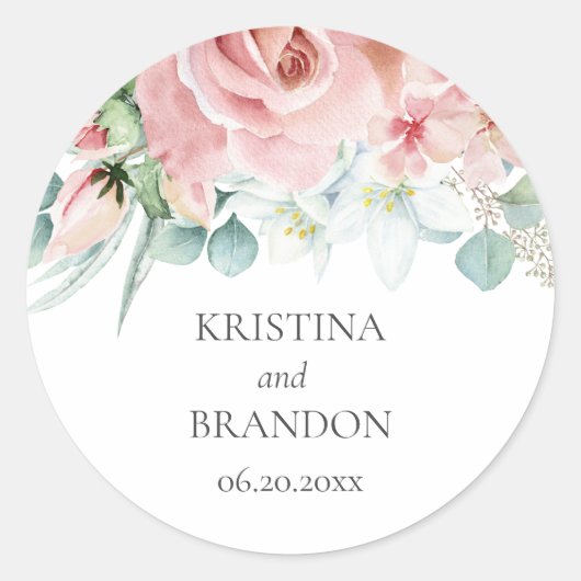 Kristina Floral Pink Boho Chic Wedding Runder Aufkleber (Vorderseite)