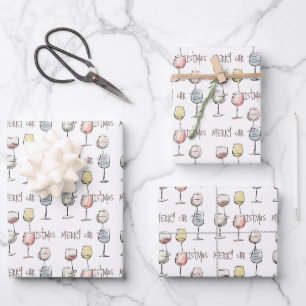 Kritzel-Muster auf Weinglas Frohe Weihnachten Geschenkpapier Set