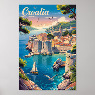 Kroatien Dubrovnik Illustration Reise Kunst Vintag Poster
