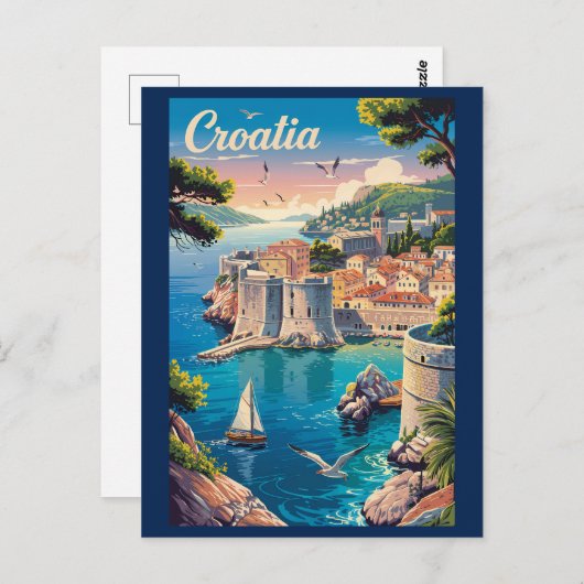 Kroatien Dubrovnik Illustration Reisen Vintag Postkarte (Vorne/Hinten)