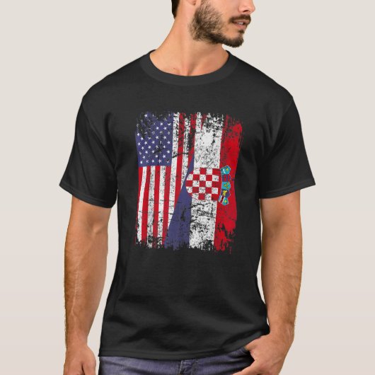 KROATISCHE ROOTS Halbe amerikanische Flagge KROATI T-Shirt (Vorderseite)