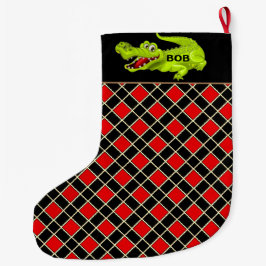Krokodil auf schwarzem und rotem Diamantmuster Großer Weihnachtsstrumpf