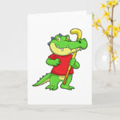 Krokodil im Feldhockey mit Hockeystick Karte (Gelbe Blume)