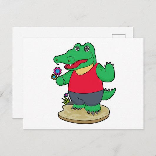 Krokodil mit Blume Postkarte (Vorne/Hinten)