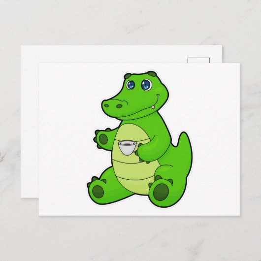 Krokodil mit Kaffee-Cup Postkarte (Vorne/Hinten)