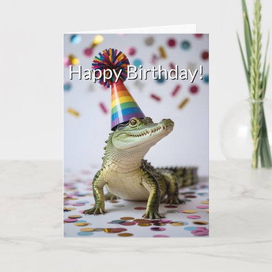 Krokodil mit Regenbogen-Geburtstagshut Karte (Vorderseite)