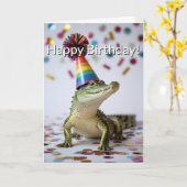 Krokodil mit Regenbogen-Geburtstagshut Karte (Gelbe Blume)