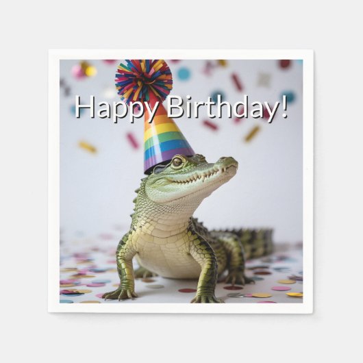 Krokodil mit Regenbogen-Geburtstagshut Serviette (Vorderseite)