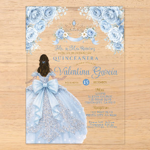 Krone Dusty Blue Krone Gold Quinceañera Geburtstag Acryleinladungen