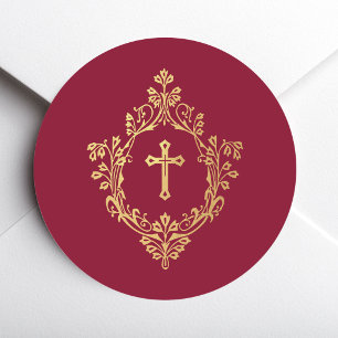 Krone mit Kreuz Rot Falsches Goldfolie Vintage Bur Runder Aufkleber