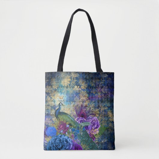 Krone Pfau auf Blauem Lila Blauer Flor Tasche (Vorderseite)