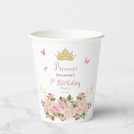 Krone | Schmetterlinge BlumenPrinzessin 1. Geburts Pappbecher (Vorderseite)