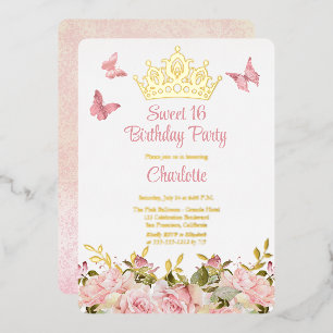 Krone   Schmetterlinge Rosa Blumen Sweet 16 Geburt Folieneinladung