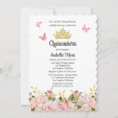 Krone | Schmetterlinge Rosa Rose Floral Quinceañer Einladung (Vorderseite)