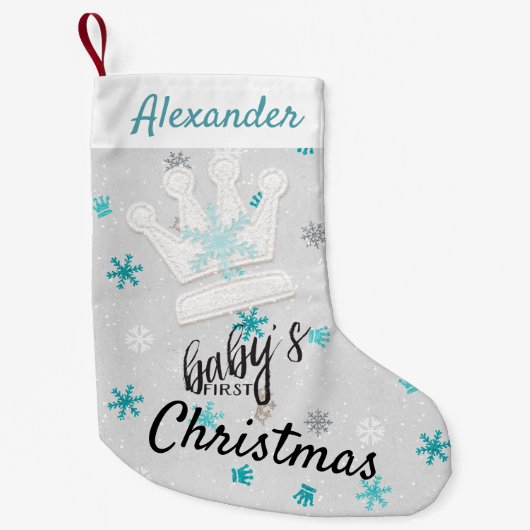 Krone und Blauer Schneeflocken Erste Weihnachtszei Kleiner Weihnachtsstrumpf (Vorderseite)