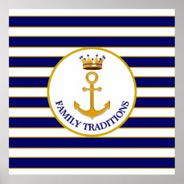 Krone und goldener Anker auf blau und weiß Poster