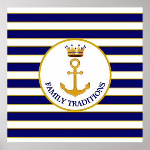 Krone und goldener Anker auf blau und weiß Poster
