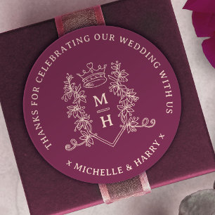 Kronen-Blätter gezeichnet monogramm Hochzeit Runder Aufkleber