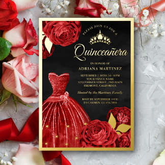 Kronen-Rote Rosen Black Quinceanera Gold Folieneinladung
